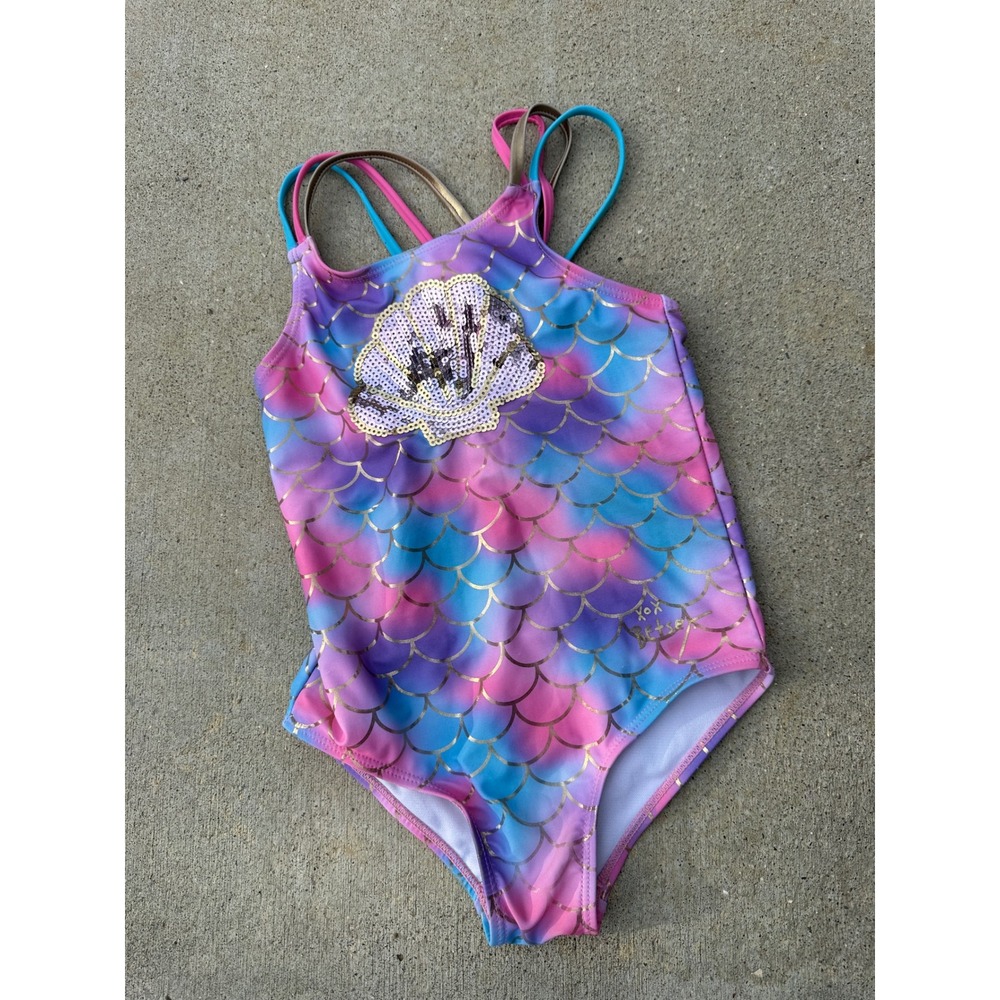 Betsey Johnson Girls Mermaid Scale One Piece Swimsuit Pink Blue Sequin Shell 6X